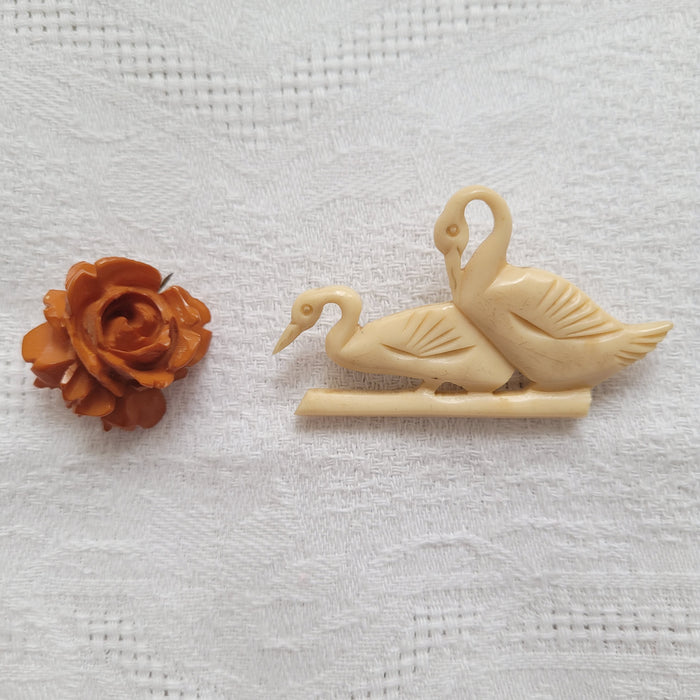 CLEARANCE Vintage Carved Butterscotch Bakelite Rose Brooch and Another Carved Bird Brooch