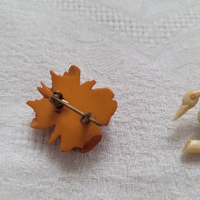 CLEARANCE Vintage Carved Butterscotch Bakelite Rose Brooch and Another Carved Bird Brooch