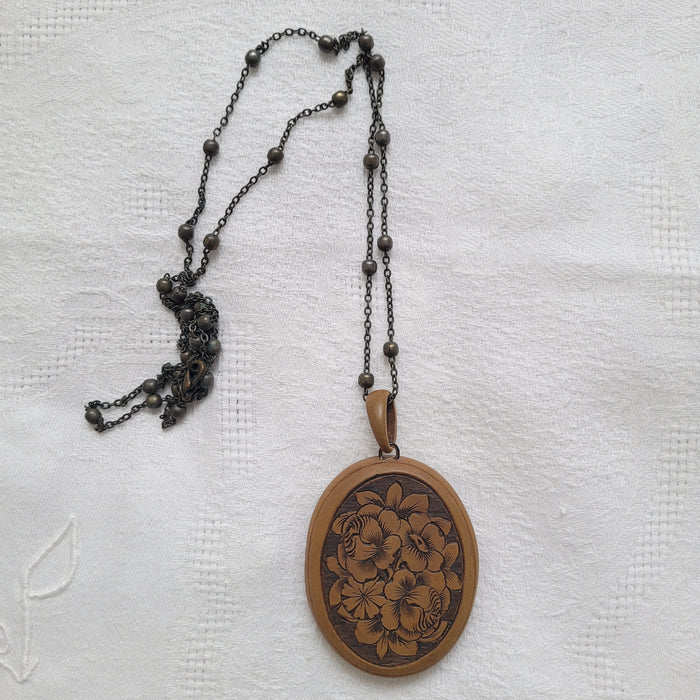 Vintage or Antique Etched Photo Locket Mourning Jewellery Pendant, Possibly Vulcanite or Gutta Percha