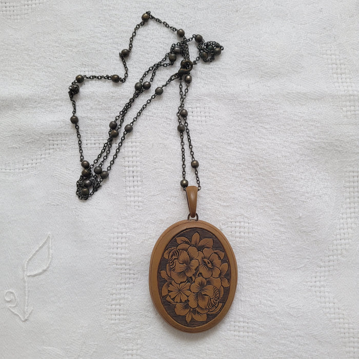 Vintage or Antique Etched Photo Locket Mourning Jewellery Pendant, Possibly Vulcanite or Gutta Percha