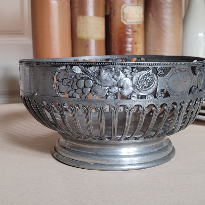 Vintage European Pewter Bowl with Fruit Pattern