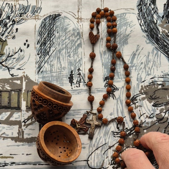 Antique Hand Carved Coquilla Nut Egg Box with Rosary