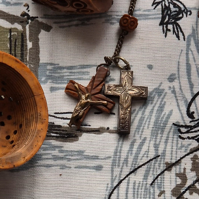 Antique Hand Carved Coquilla Nut Egg Box with Rosary