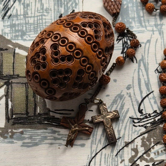 Antique Hand Carved Coquilla Nut Egg Box with Rosary