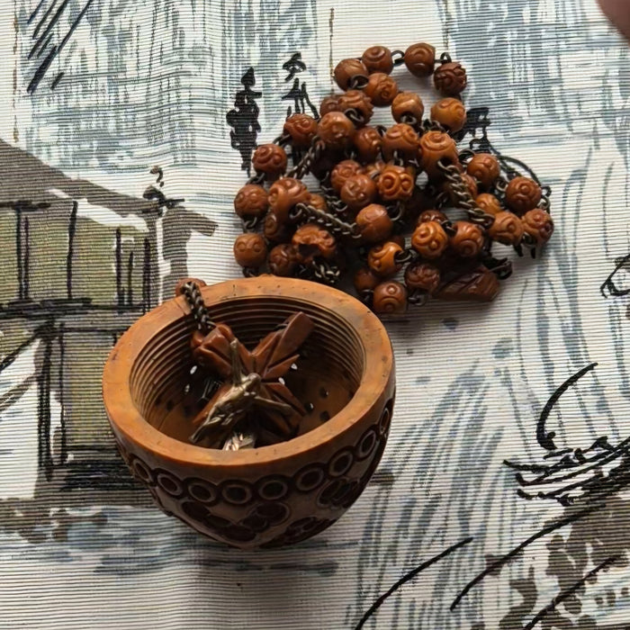 Antique Hand Carved Coquilla Nut Egg Box with Rosary