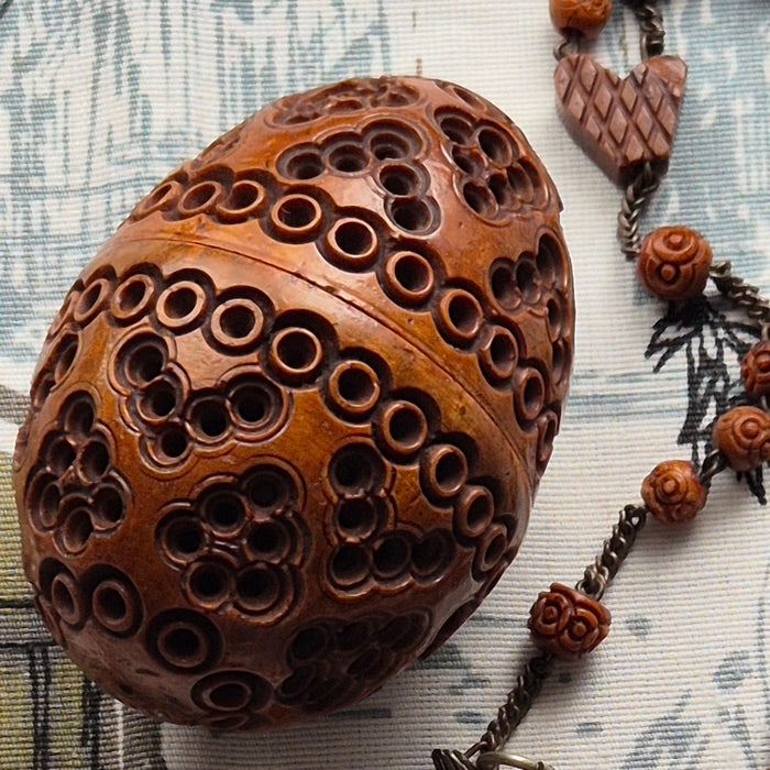Antique Hand Carved Coquilla Nut Egg Box with Rosary