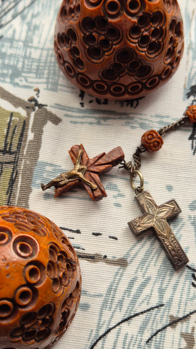 Antique Hand Carved Coquilla Nut Egg Box with Rosary