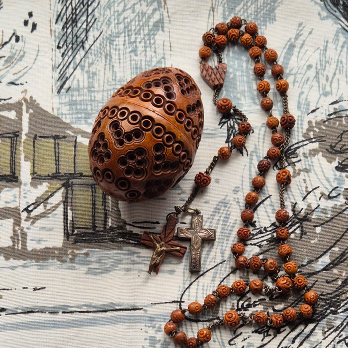 Antique Hand Carved Coquilla Nut Egg Box with Rosary