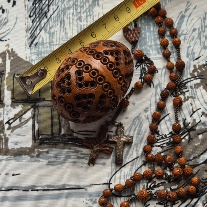 Antique Hand Carved Coquilla Nut Egg Box with Rosary