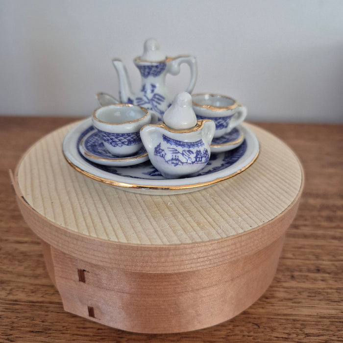 Miniature Blue Willow Tea Set in Japanese Wood Box