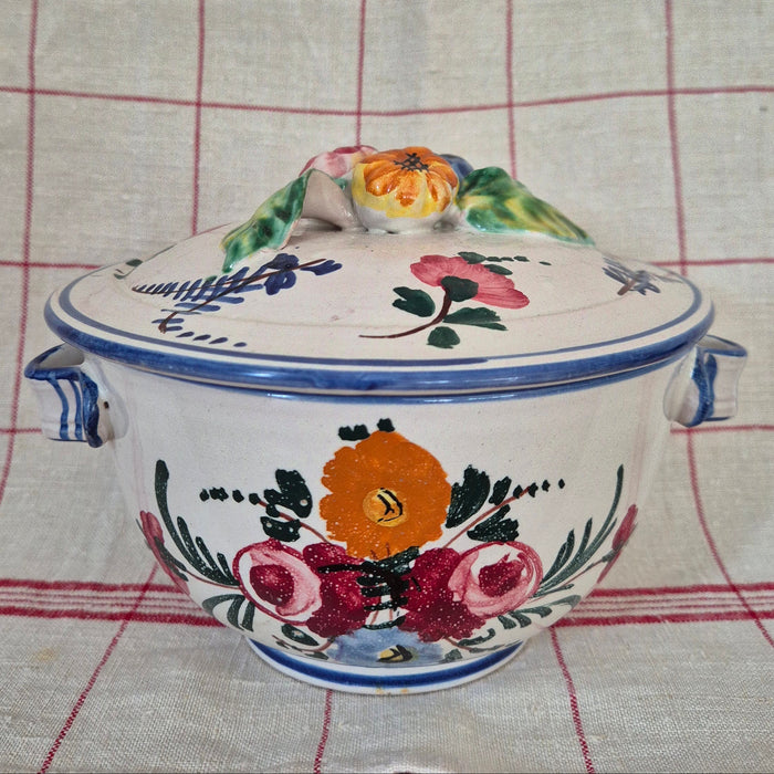 Handpainted Lidded Pot Mini Tureen with Blue Trim and Colourful Florals