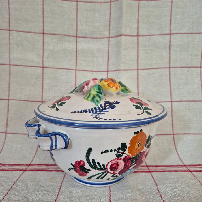 Handpainted Lidded Pot Mini Tureen with Blue Trim and Colourful Florals