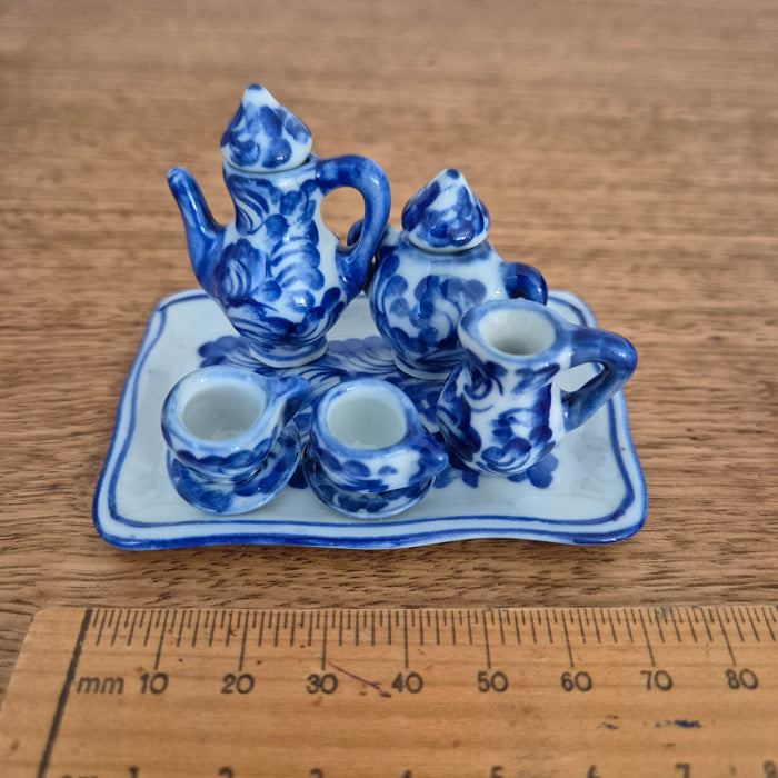 Miniature Handpainted Blue and White Tea Set in Reclaimed Cheese Box