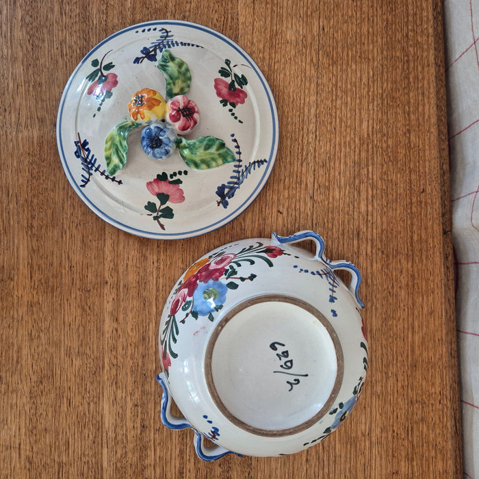 Handpainted Lidded Pot Mini Tureen with Blue Trim and Colourful Florals