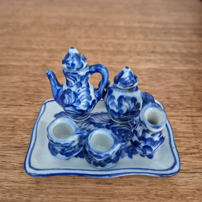 Miniature Handpainted Blue and White Tea Set in Reclaimed Cheese Box