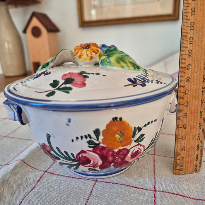 Handpainted Lidded Pot Mini Tureen with Blue Trim and Colourful Florals