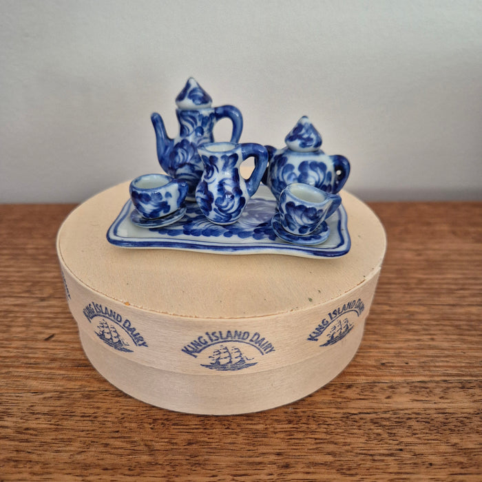 Miniature Handpainted Blue and White Tea Set in Reclaimed Cheese Box