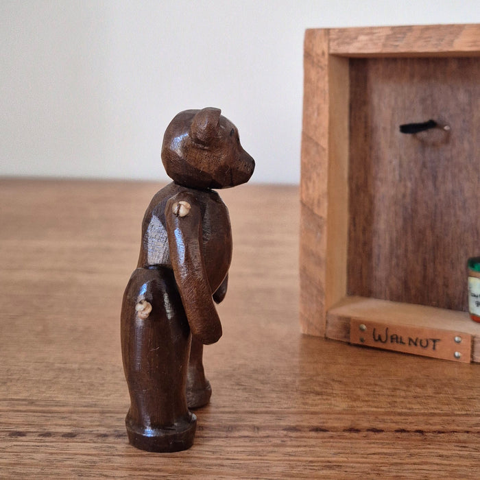 Hand-carved Miniature Folk Art Articulated Wooden Bear and Honey Pot in Box