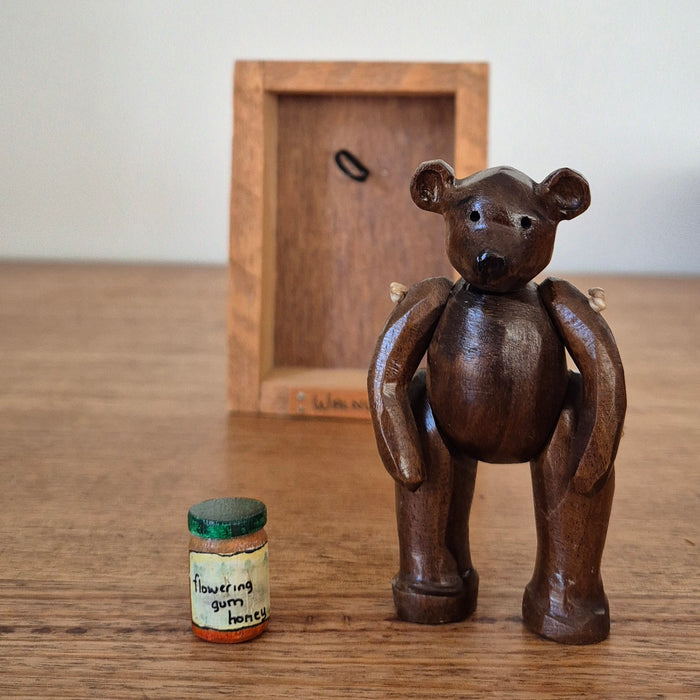 Hand-carved Miniature Folk Art Articulated Wooden Bear and Honey Pot in Box