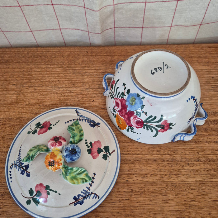 Handpainted Lidded Pot Mini Tureen with Blue Trim and Colourful Florals