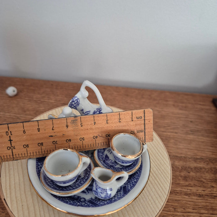 Miniature Blue Willow Tea Set in Japanese Wood Box