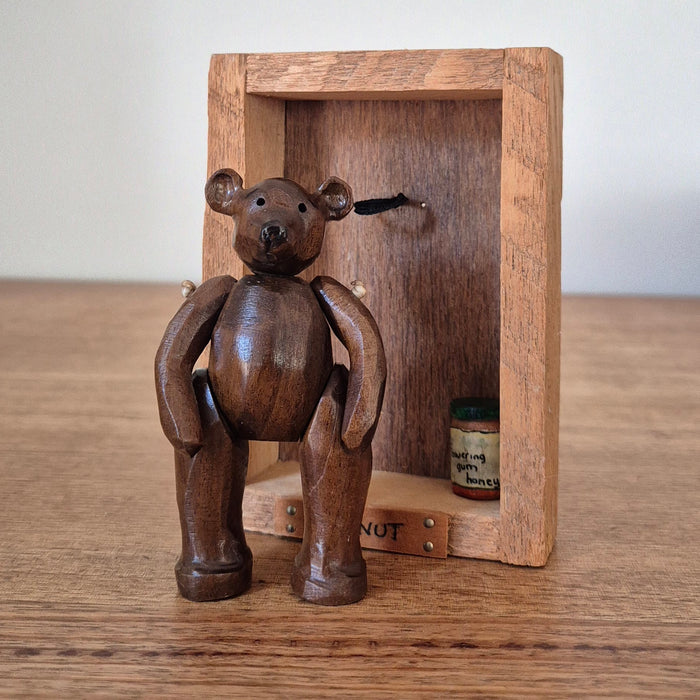 Hand-carved Miniature Folk Art Articulated Wooden Bear and Honey Pot in Box