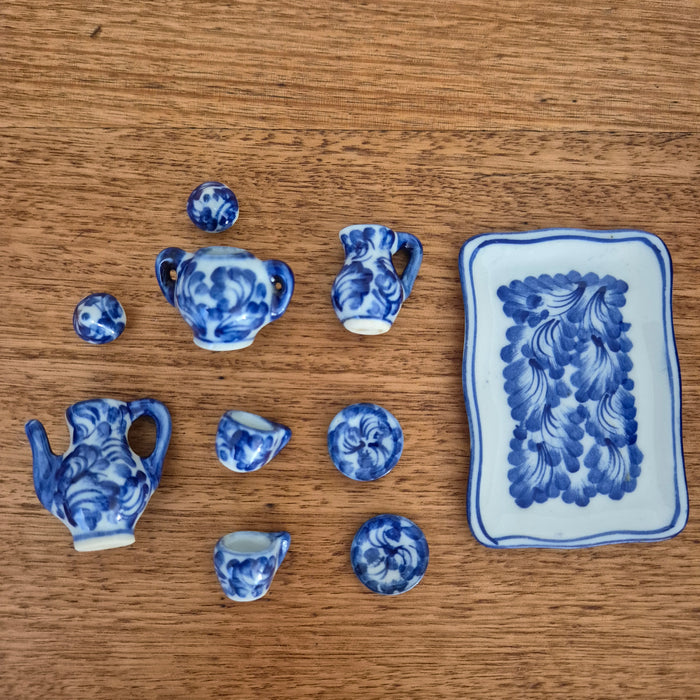 Miniature Handpainted Blue and White Tea Set in Reclaimed Cheese Box