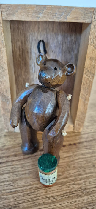 Hand-carved Miniature Folk Art Articulated Wooden Bear and Honey Pot in Box