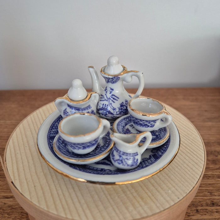 Miniature Blue Willow Tea Set in Japanese Wood Box