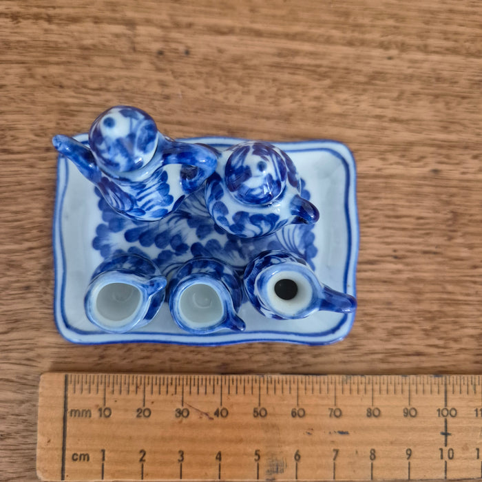 Miniature Handpainted Blue and White Tea Set in Reclaimed Cheese Box