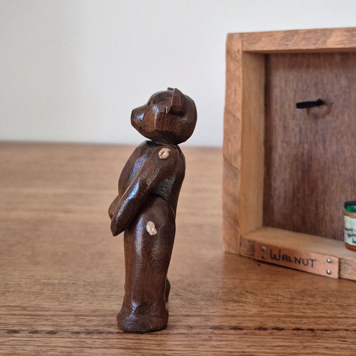 Hand-carved Miniature Folk Art Articulated Wooden Bear and Honey Pot in Box