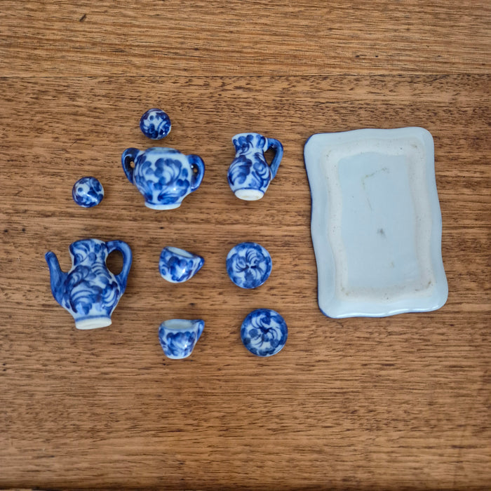 Miniature Handpainted Blue and White Tea Set in Reclaimed Cheese Box