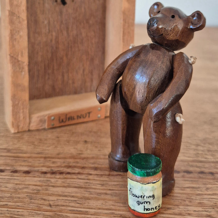 Hand-carved Miniature Folk Art Articulated Wooden Bear and Honey Pot in Box