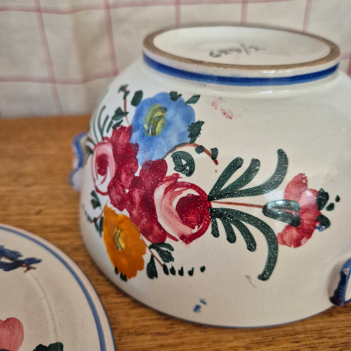 Handpainted Lidded Pot Mini Tureen with Blue Trim and Colourful Florals