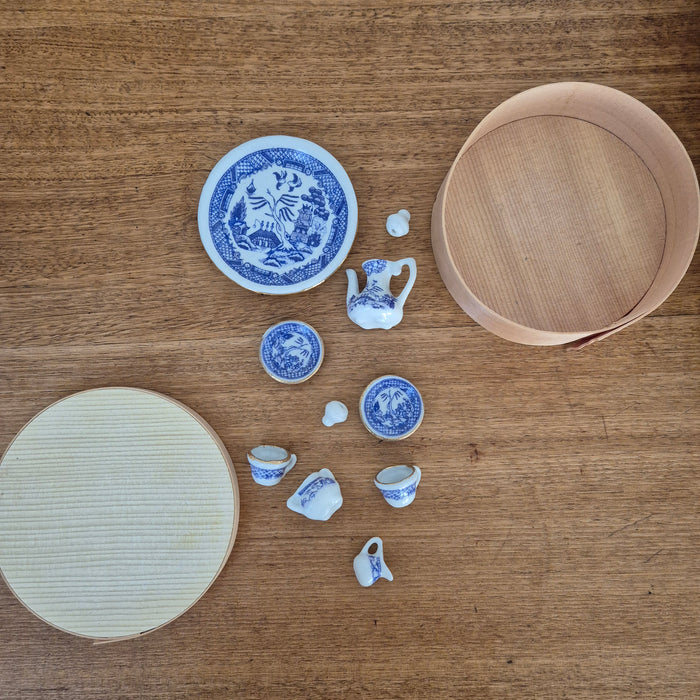 Miniature Blue Willow Tea Set in Japanese Wood Box