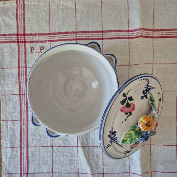 Handpainted Lidded Pot Mini Tureen with Blue Trim and Colourful Florals
