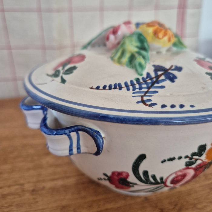 Handpainted Lidded Pot Mini Tureen with Blue Trim and Colourful Florals