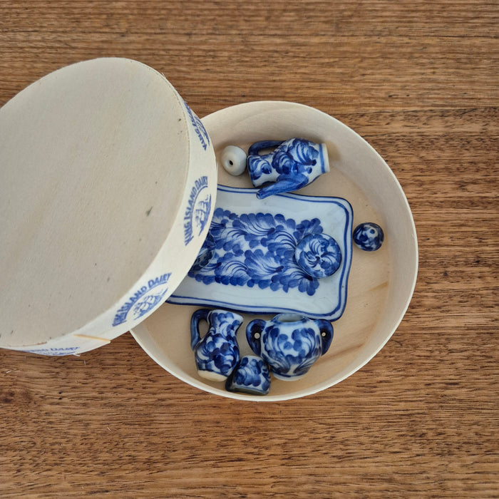 Miniature Handpainted Blue and White Tea Set in Reclaimed Cheese Box