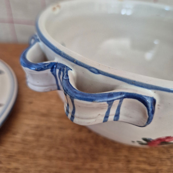 Handpainted Lidded Pot Mini Tureen with Blue Trim and Colourful Florals