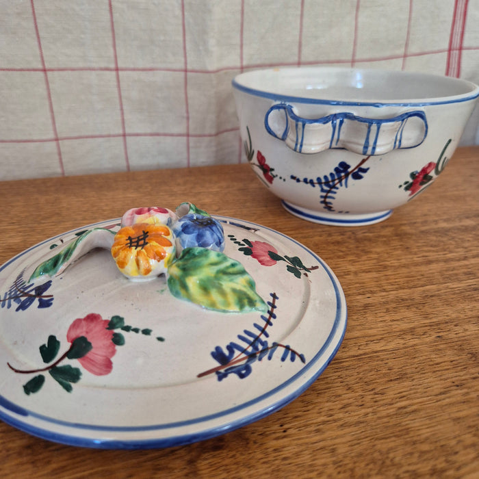 Handpainted Lidded Pot Mini Tureen with Blue Trim and Colourful Florals