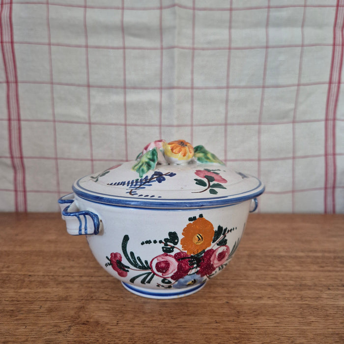 Handpainted Lidded Pot Mini Tureen with Blue Trim and Colourful Florals