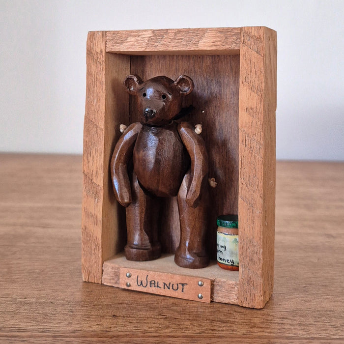 Hand-carved Miniature Folk Art Articulated Wooden Bear and Honey Pot in Box