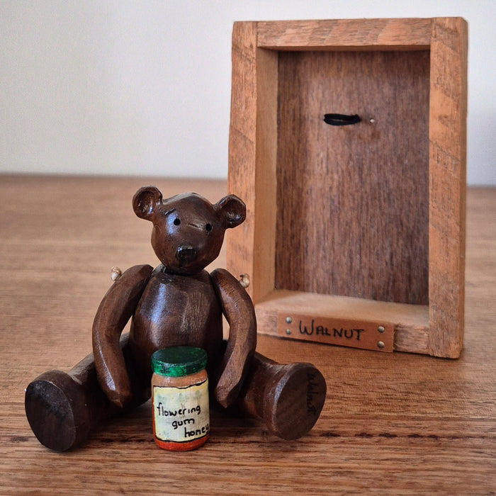 Hand-carved Miniature Folk Art Articulated Wooden Bear and Honey Pot in Box