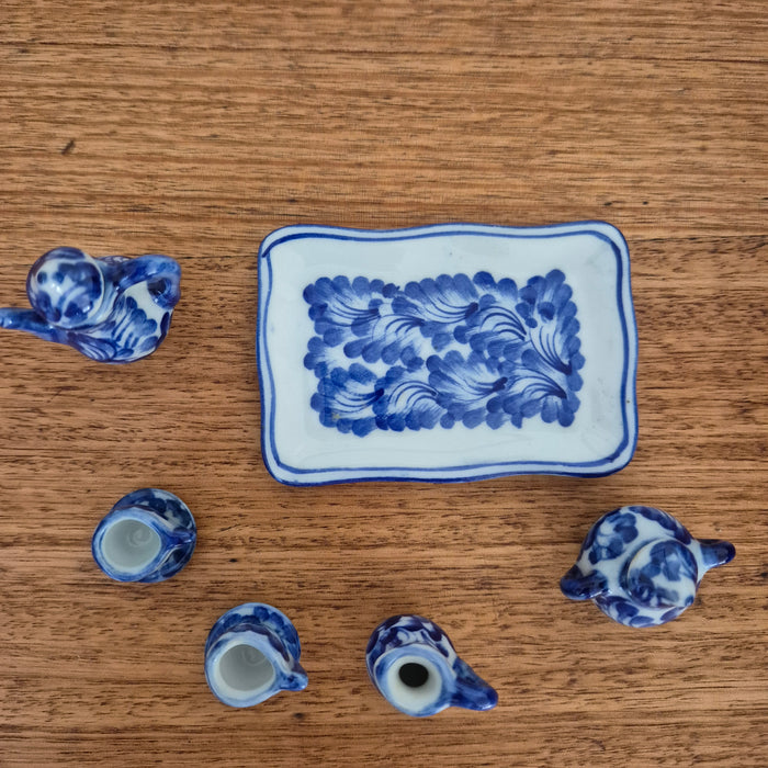 Miniature Handpainted Blue and White Tea Set in Reclaimed Cheese Box