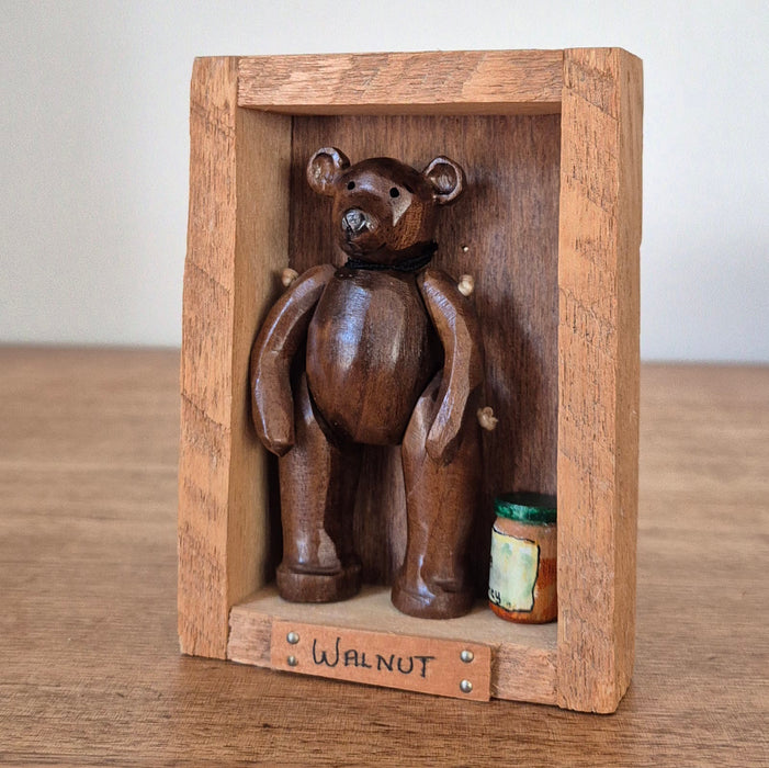 Hand-carved Miniature Folk Art Articulated Wooden Bear and Honey Pot in Box