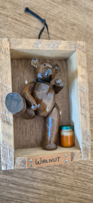 Hand-carved Miniature Folk Art Articulated Wooden Bear and Honey Pot in Box