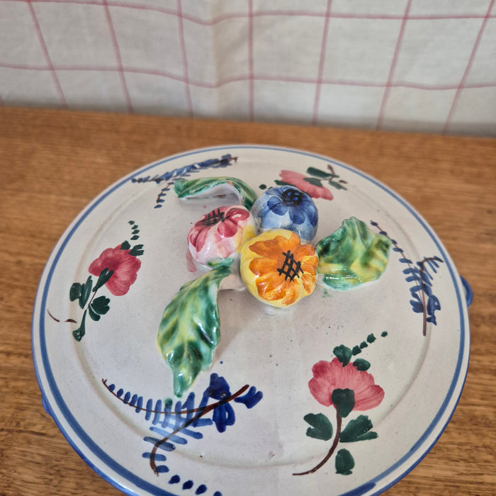 Handpainted Lidded Pot Mini Tureen with Blue Trim and Colourful Florals
