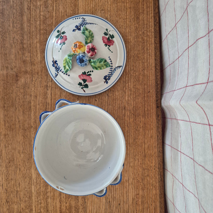 Handpainted Lidded Pot Mini Tureen with Blue Trim and Colourful Florals
