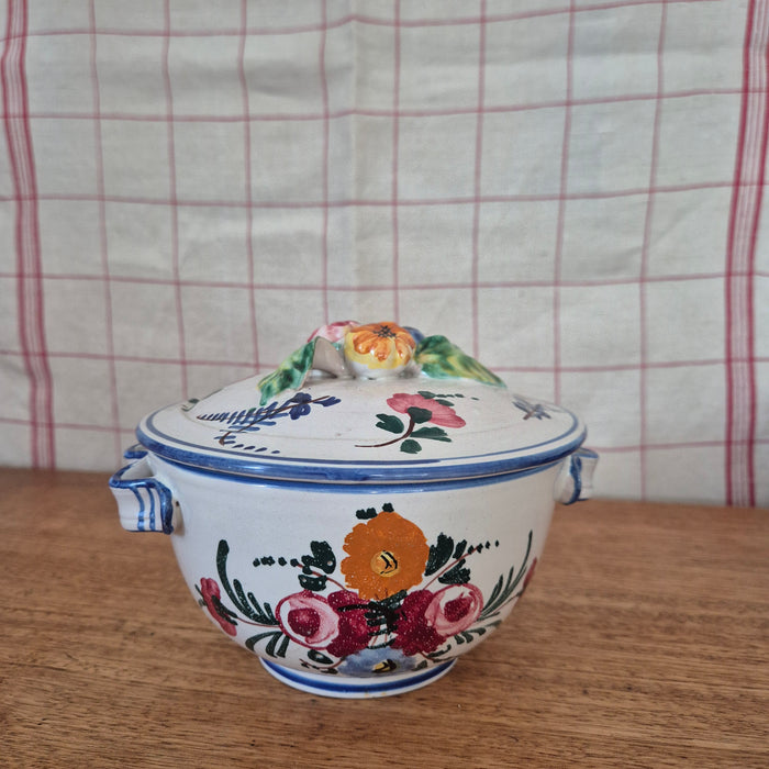 Handpainted Lidded Pot Mini Tureen with Blue Trim and Colourful Florals